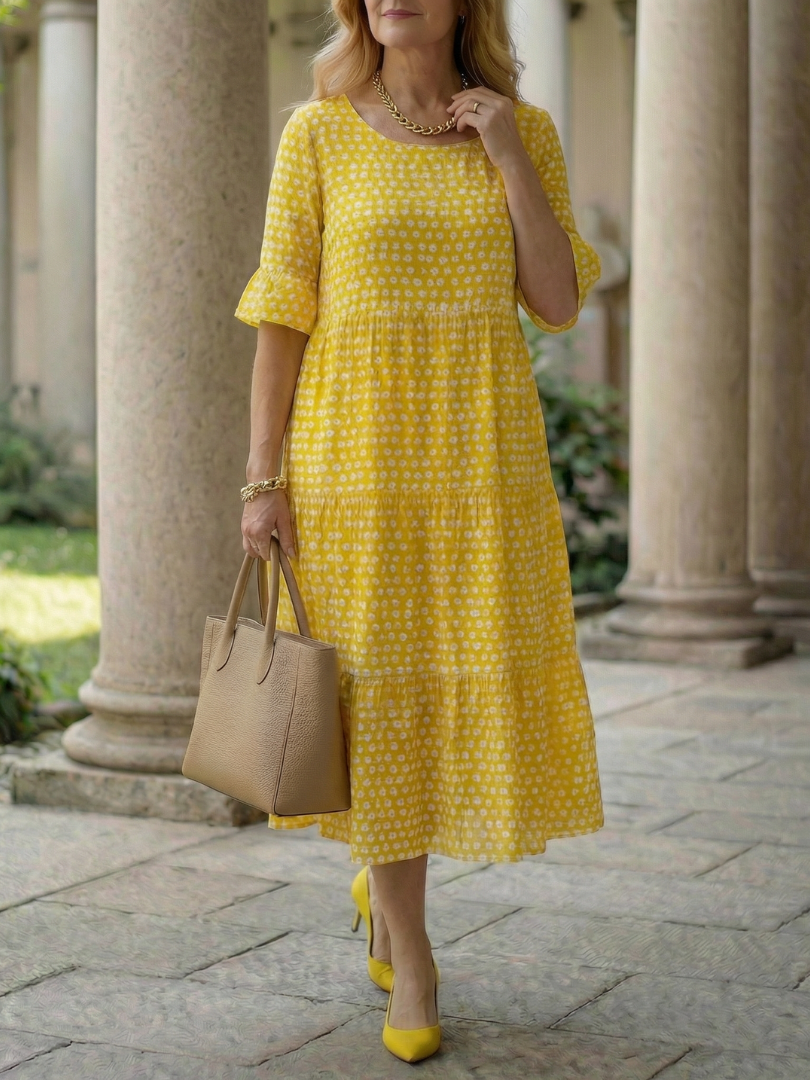 Arlo | Vestido Midi de Lunares en Capas, Manga Corta