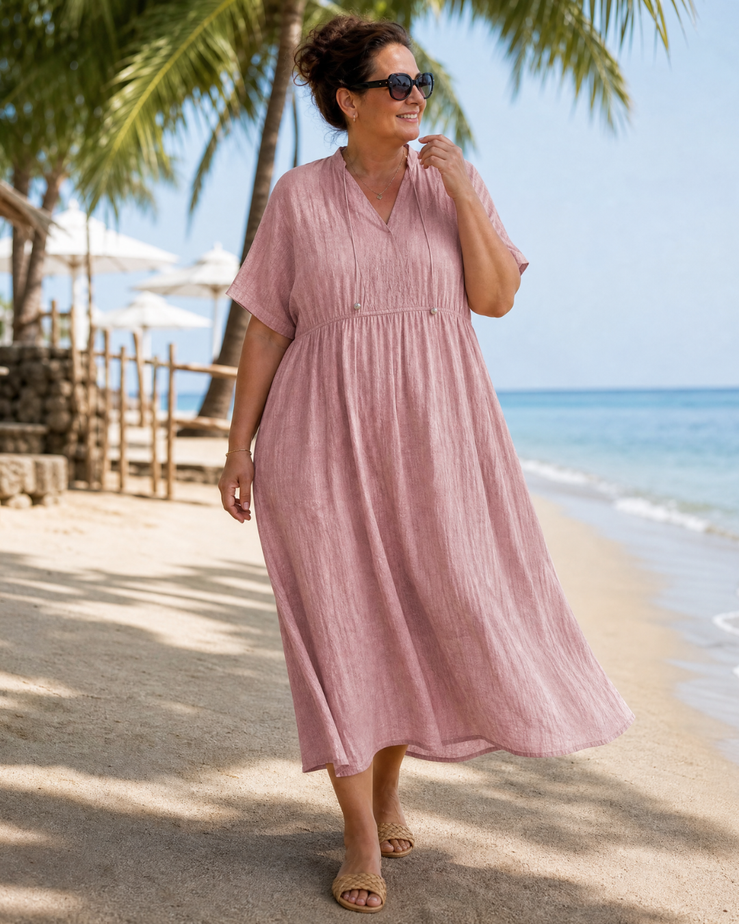 Eupherene | Vestido Midi Holgado con Cuello en V, Manga Corta y Textura