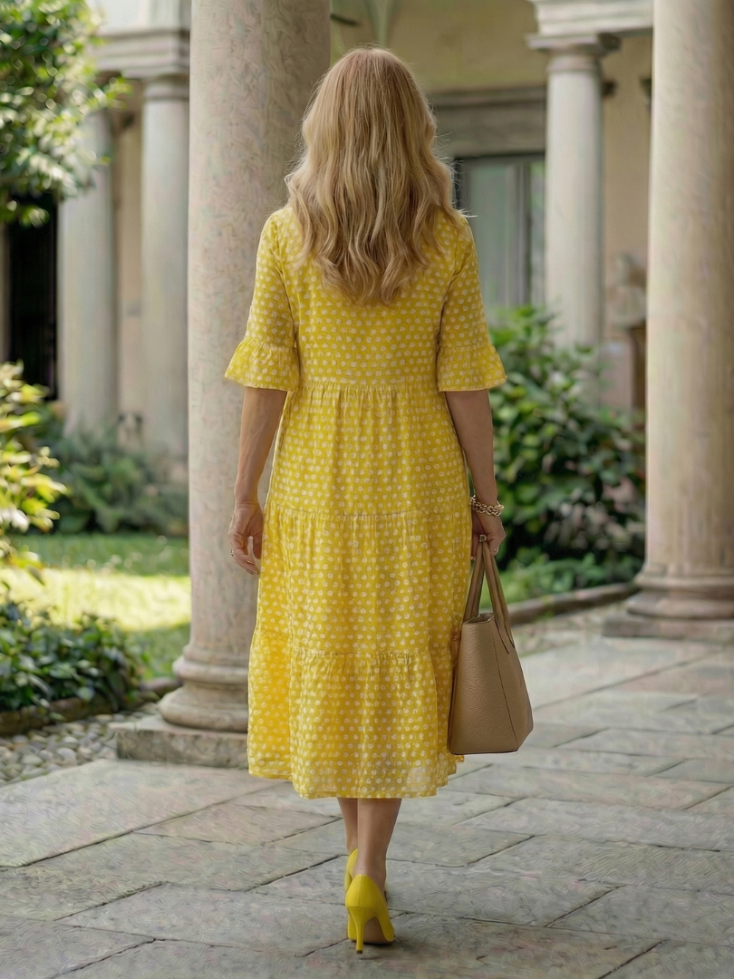 Arlo | Vestido Midi de Lunares en Capas, Manga Corta