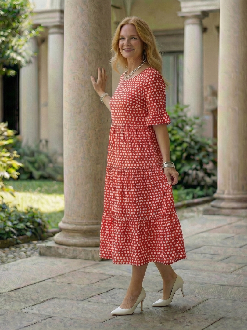 Arlo | Vestido Midi de Lunares en Capas, Manga Corta