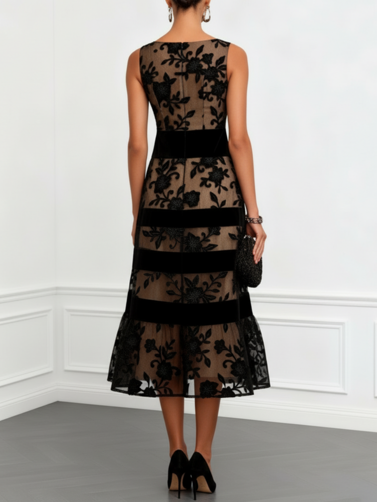 Vestido Midi Negro de Malla Floral, Sin Mangas y Línea A