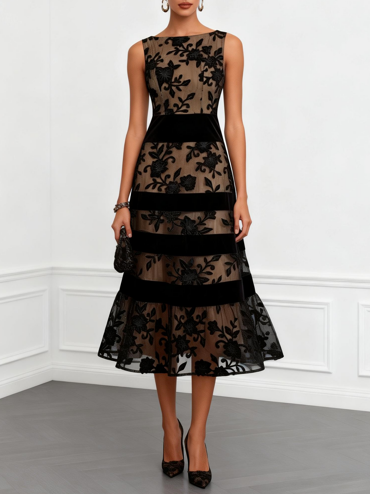 Vestido Midi Negro de Malla Floral, Sin Mangas y Línea A
