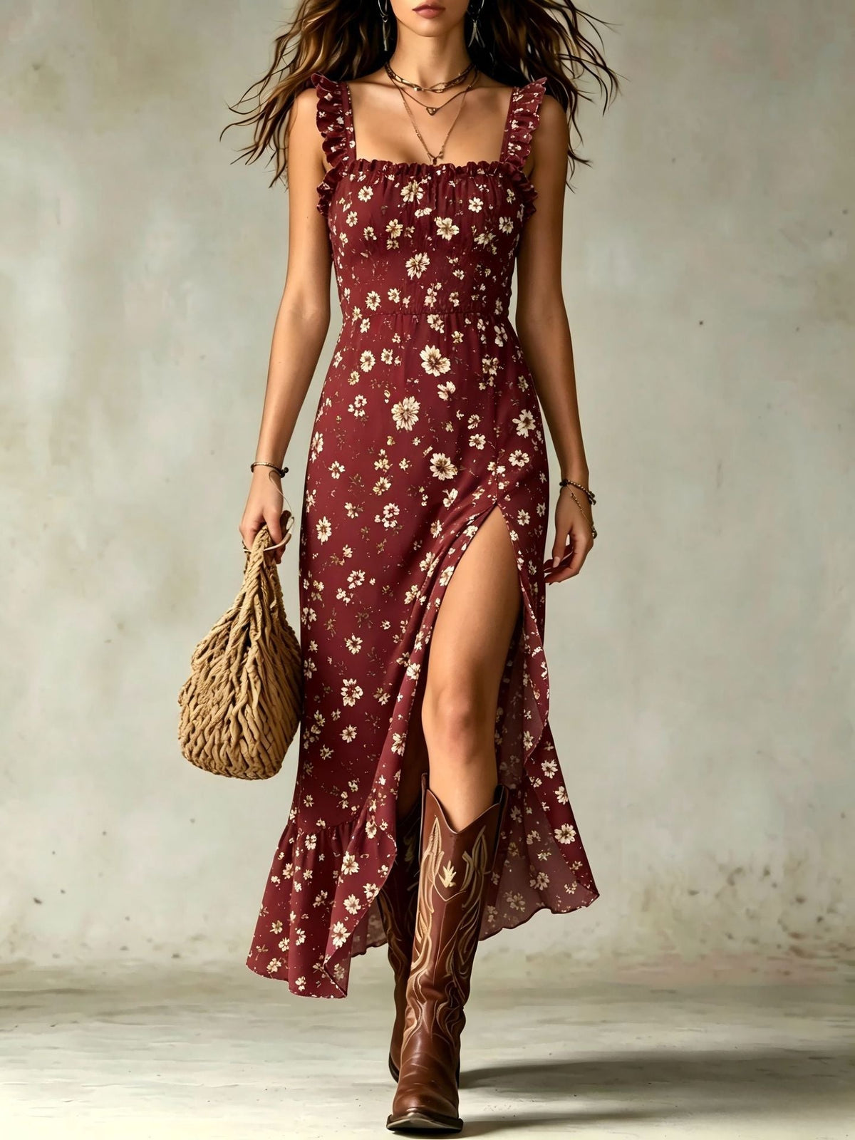 Vestido Maxi Floral con Cuerpo Fruncido, Volantes y Abertura