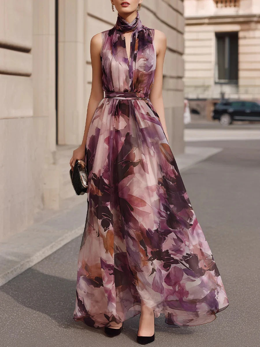 Vestido Maxi Floral con Cuello de Lazo y Cinturón
