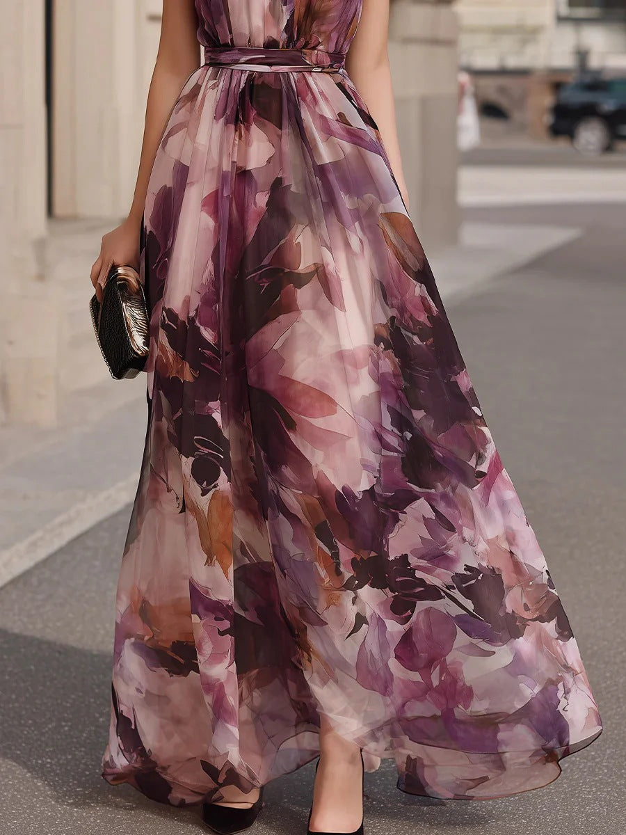 Vestido Maxi Floral con Cuello de Lazo y Cinturón