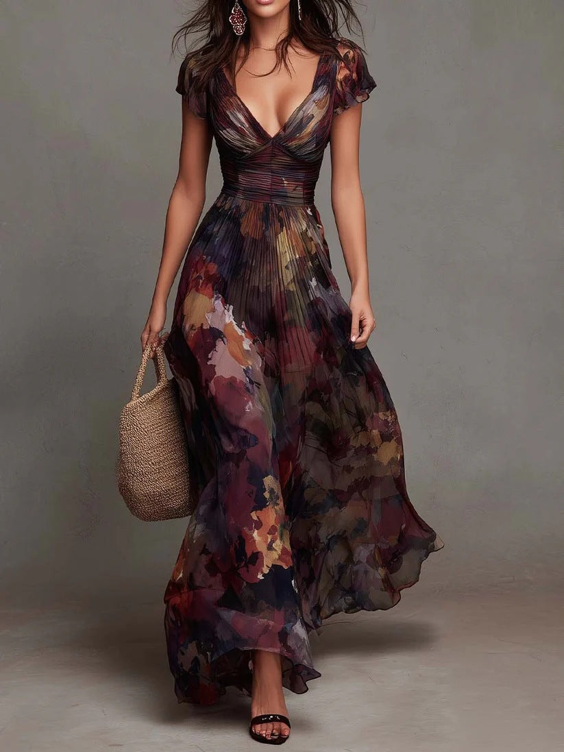 Vestido Maxi Plisado con Estampado Floral en Acuarela y Cuello en V