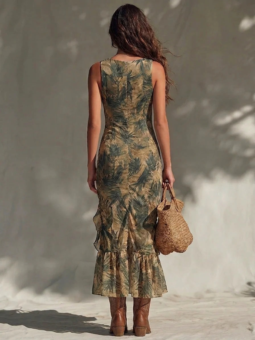 Vestido Maxi con Estampado de Palmeras, Volantes, Fruncido y Abertura