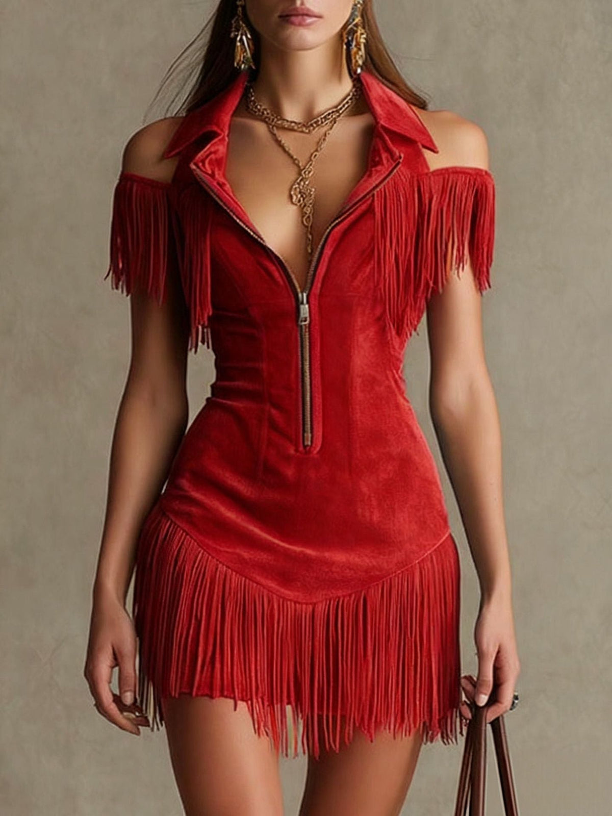Julia | Vestido Western de Ante con Flecos, Hombros Descubiertos y Estilo Retro Americano
