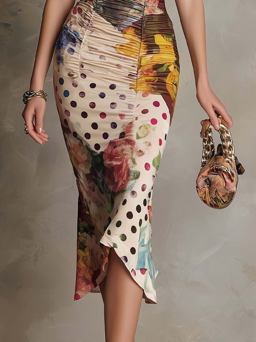 Vestido Midi Ceñido y Fruncido con Ribete de Encaje y Estampado Combinado