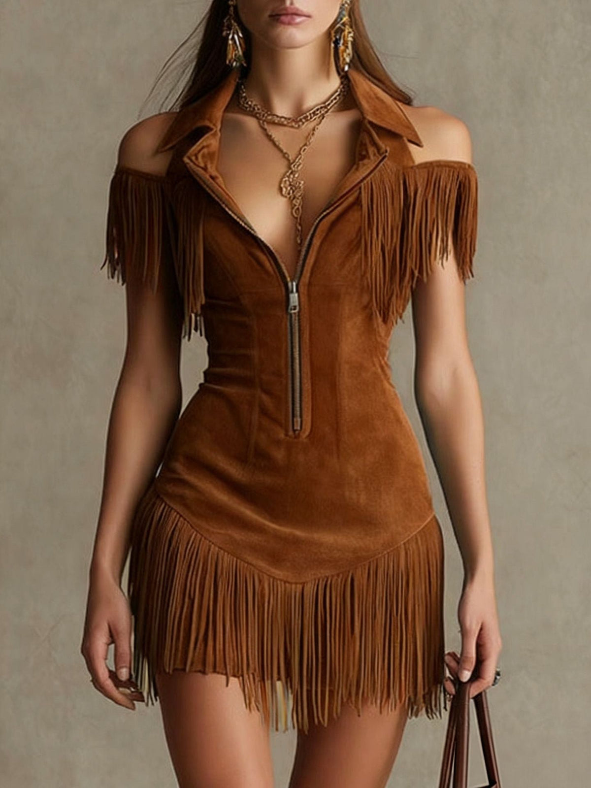 Julia | Vestido Western de Ante con Flecos, Hombros Descubiertos y Estilo Retro Americano