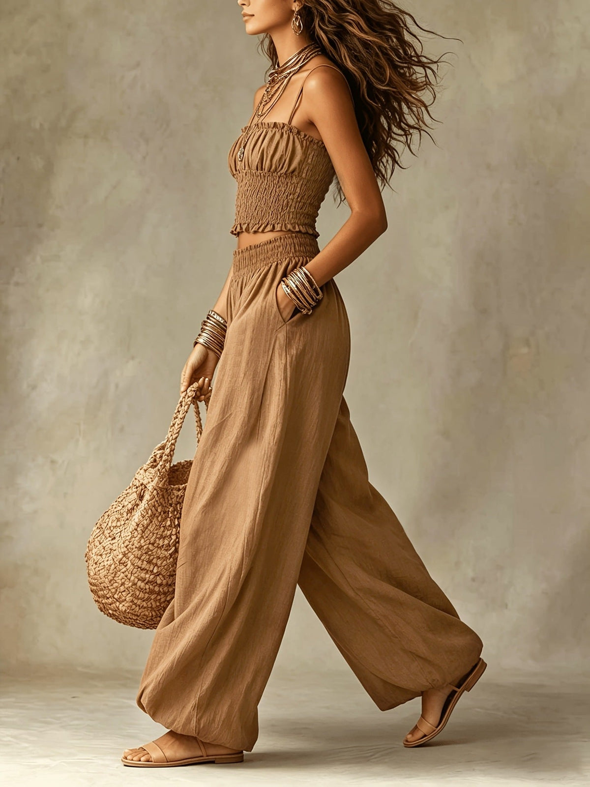 Conjunto de Dos Piezas con Top Corto Fruncido y Pantalón de Pierna Ancha