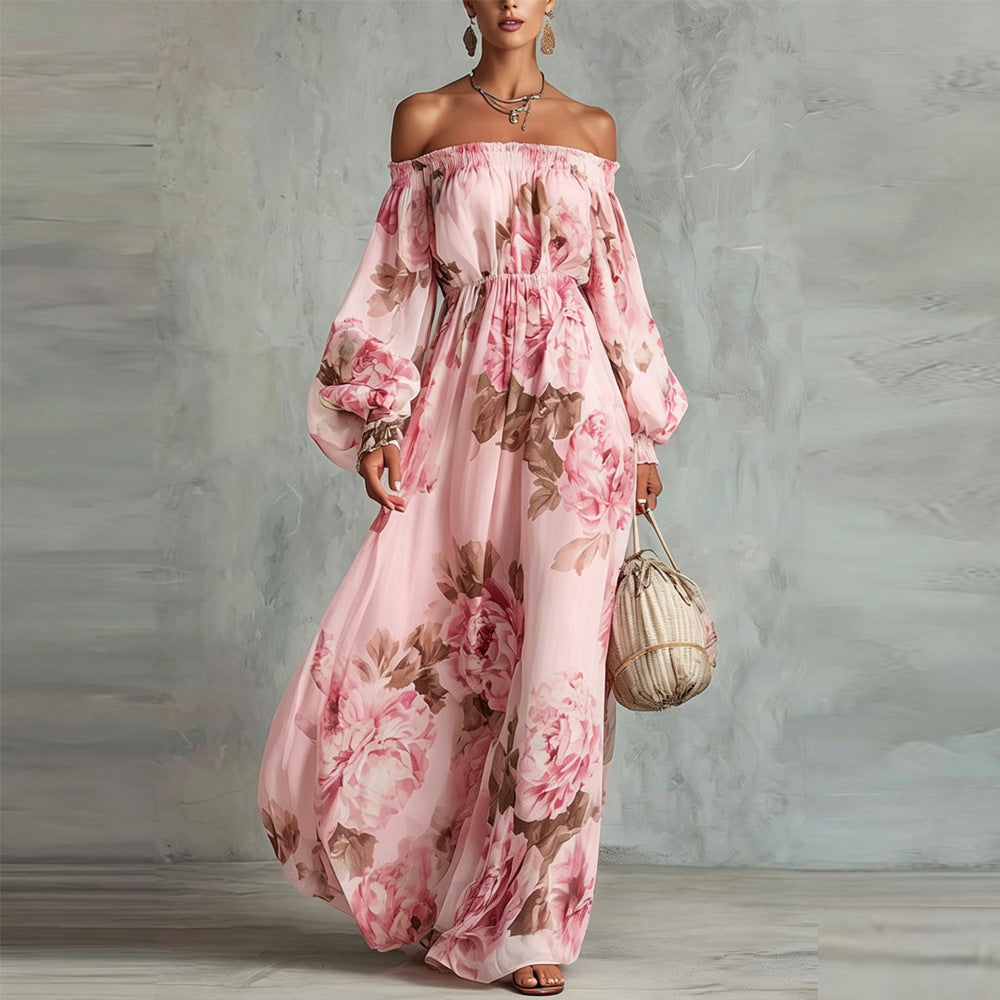 Payton | Vestido Maxi Floral con Hombros Descubiertos y Manga Larga