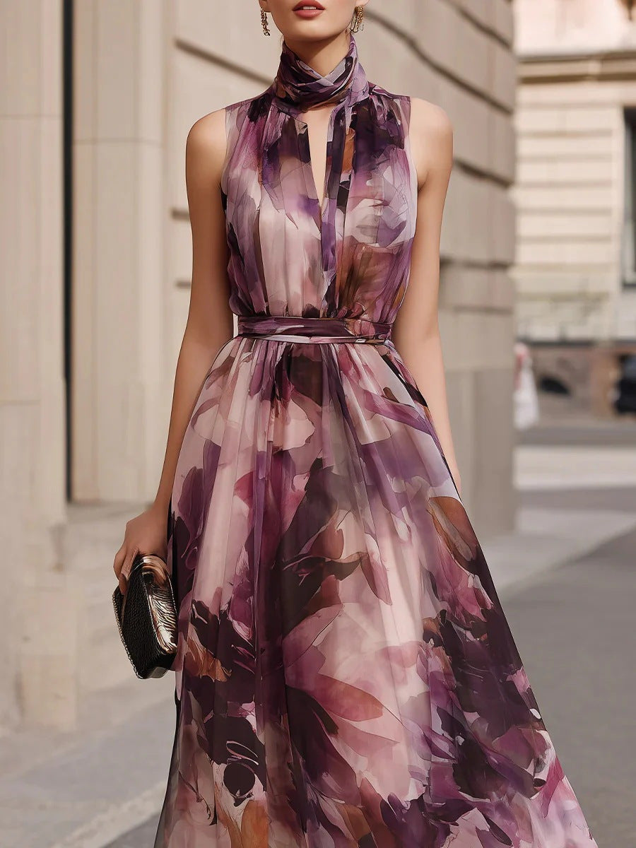 Vestido Maxi Floral con Cuello de Lazo y Cinturón