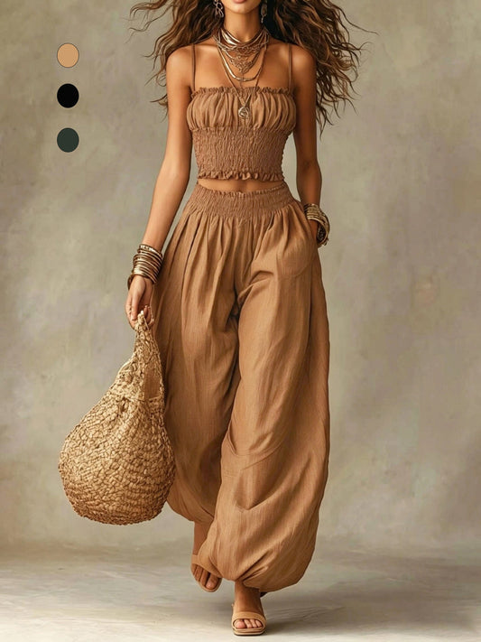 Conjunto de Dos Piezas con Top Corto Fruncido y Pantalón de Pierna Ancha