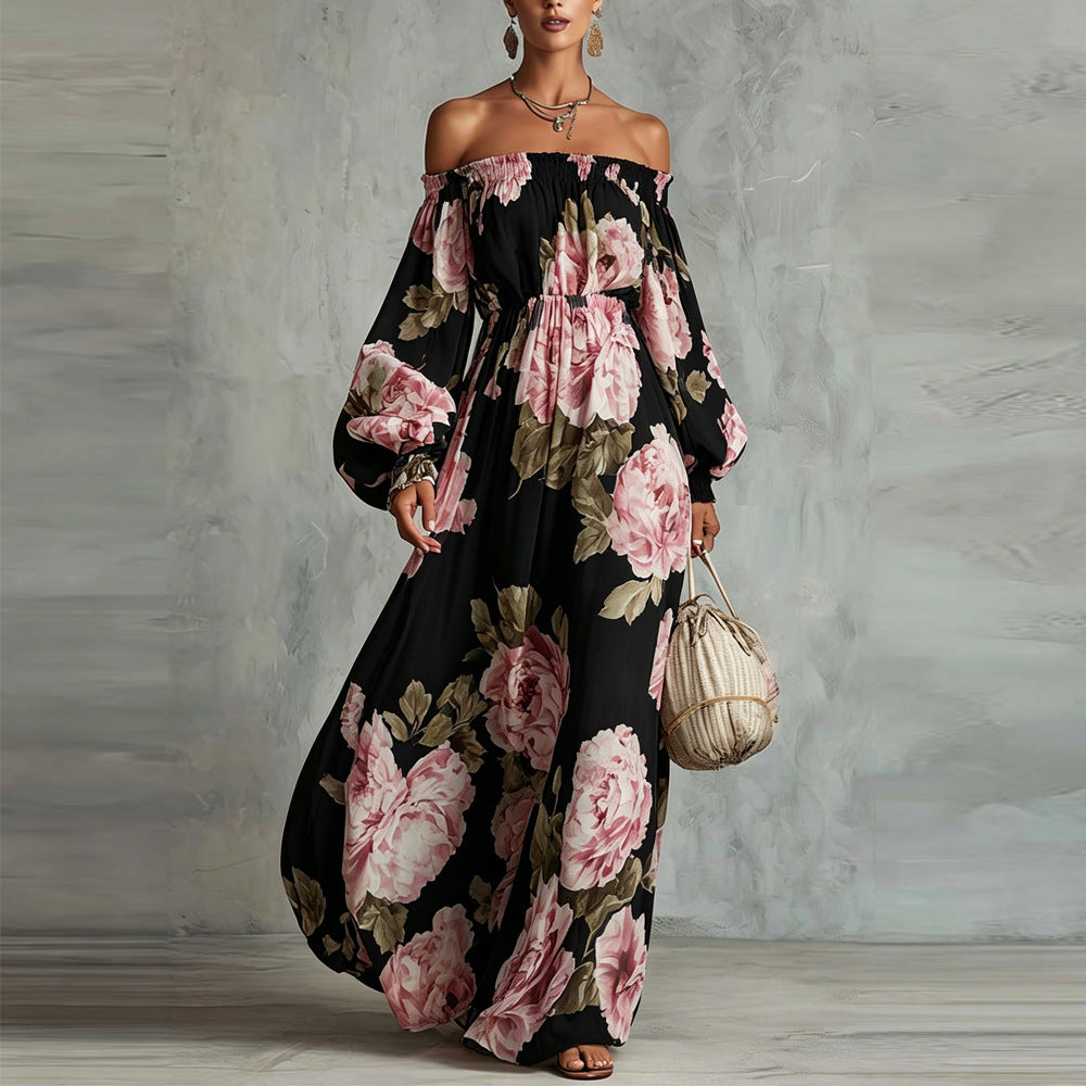Payton | Vestido Maxi Floral con Hombros Descubiertos y Manga Larga