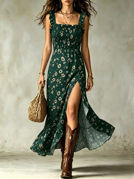 Vestido Maxi Floral con Cuerpo Fruncido, Volantes y Abertura