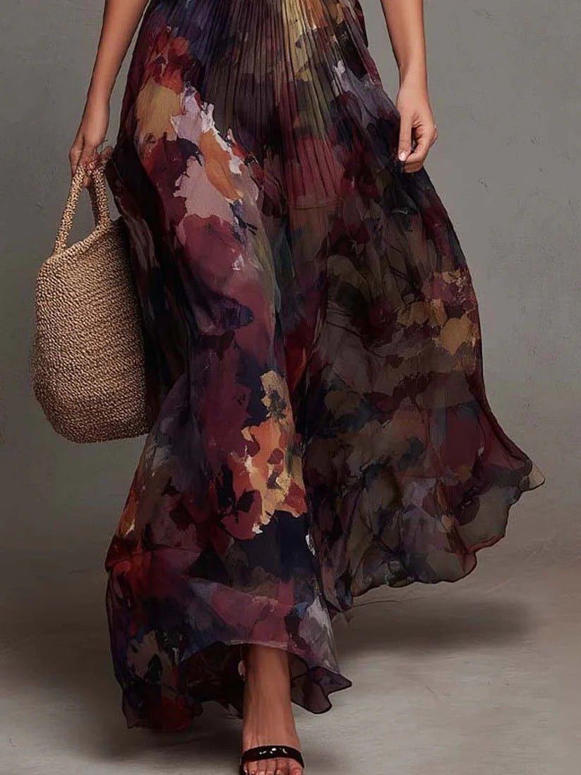 Vestido Maxi Plisado con Estampado Floral en Acuarela y Cuello en V