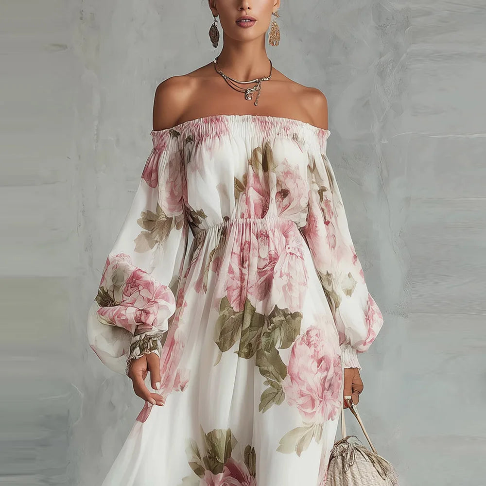 Payton | Vestido Maxi Floral con Hombros Descubiertos y Manga Larga
