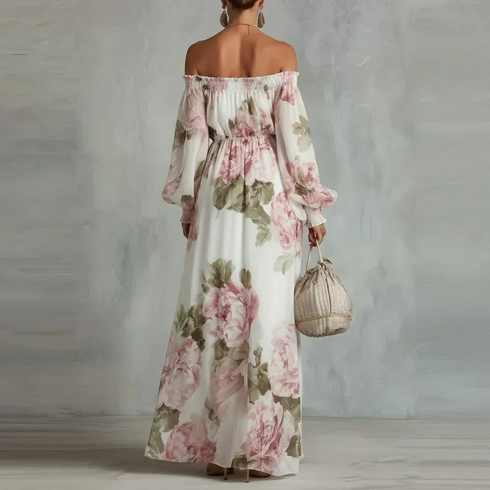 Payton | Vestido Maxi Floral con Hombros Descubiertos y Manga Larga