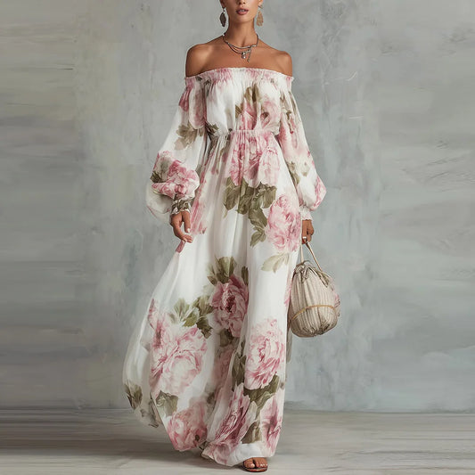 Payton | Vestido Maxi Floral con Hombros Descubiertos y Manga Larga
