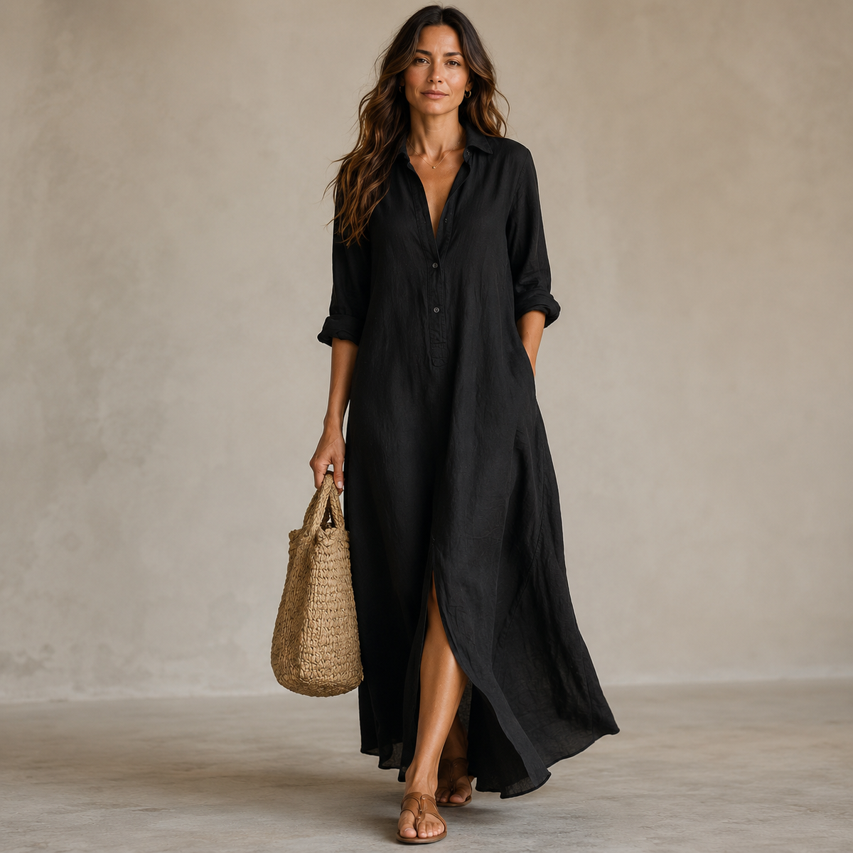 SOLINE | Vestido Maxi Negro Holgado con Botones