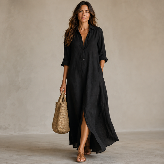SOLINE | Vestido Maxi Negro Holgado con Botones