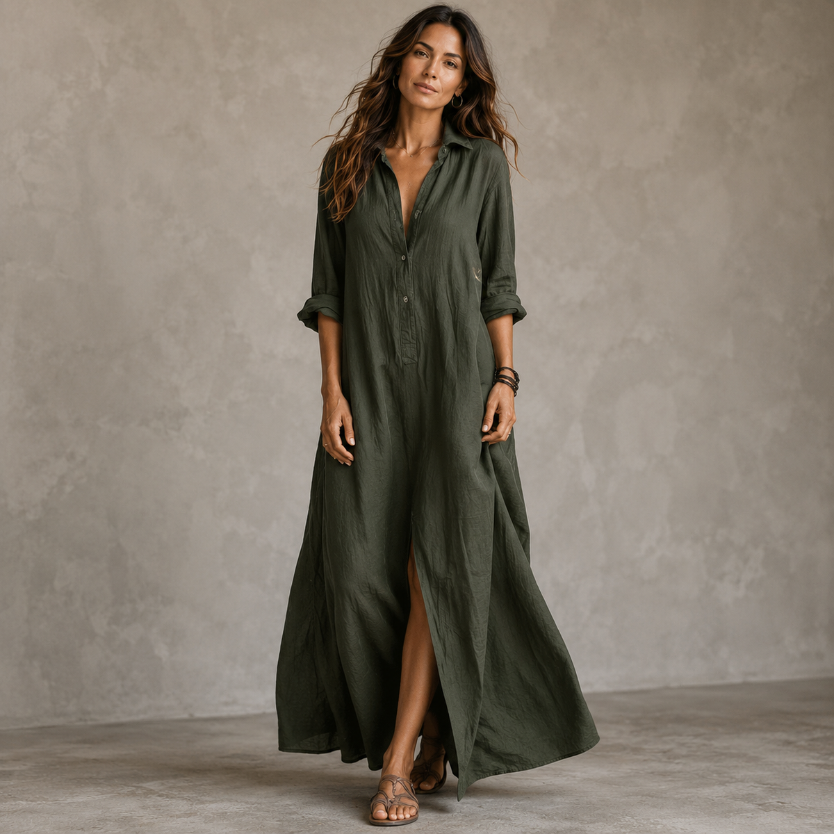 SOLINE | Vestido Maxi Negro Holgado con Botones