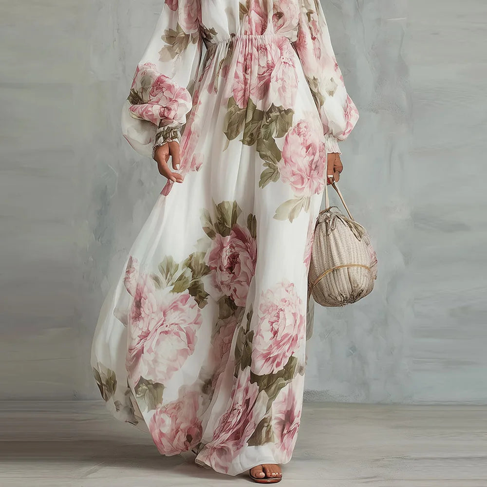 Payton | Vestido Maxi Floral con Hombros Descubiertos y Manga Larga