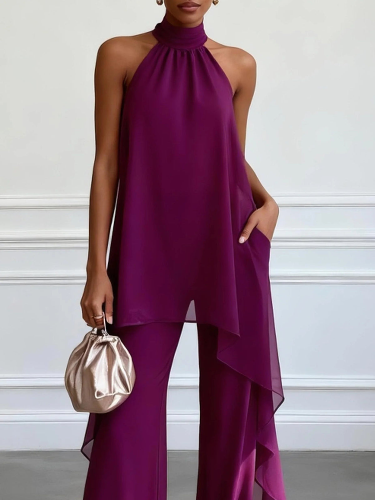 Conjunto de Dos Piezas Morado con Top Halter Elegante Sin Mangas y Pantalón