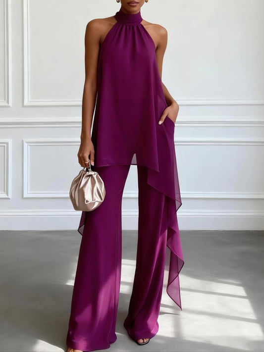 Conjunto de Dos Piezas Morado con Top Halter Elegante Sin Mangas y Pantalón
