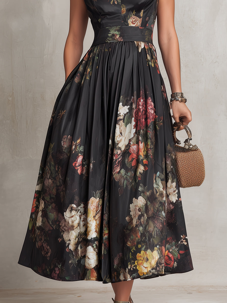 Vestido Midi Negro de Satén Plisado con Cuello Ojal y Estampado Floral