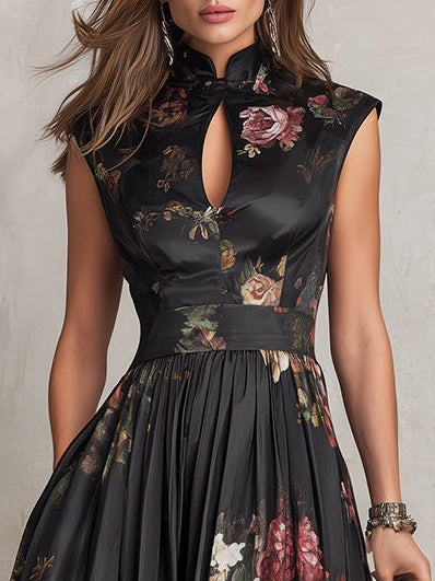 Vestido Midi Negro de Satén Plisado con Cuello Ojal y Estampado Floral