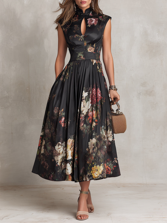 Vestido Midi Negro de Satén Plisado con Cuello Ojal y Estampado Floral