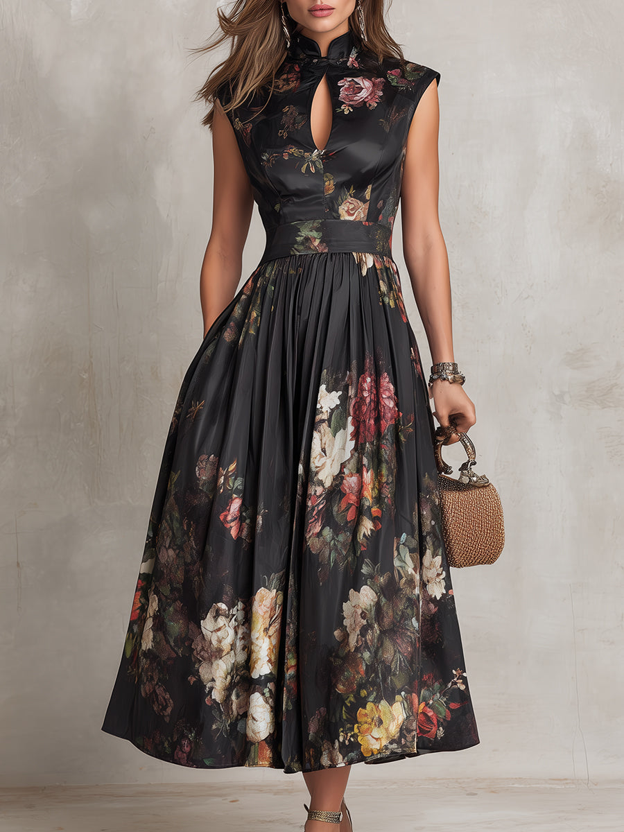 Vestido Midi Negro de Satén Plisado con Cuello Ojal y Estampado Floral