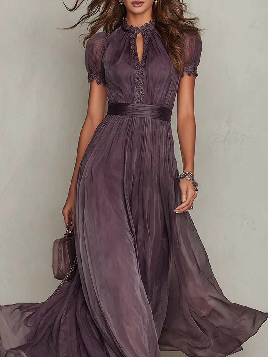 Vestido Maxi Morado de Chifón con Cuello Ojal y Ribete de Encaje