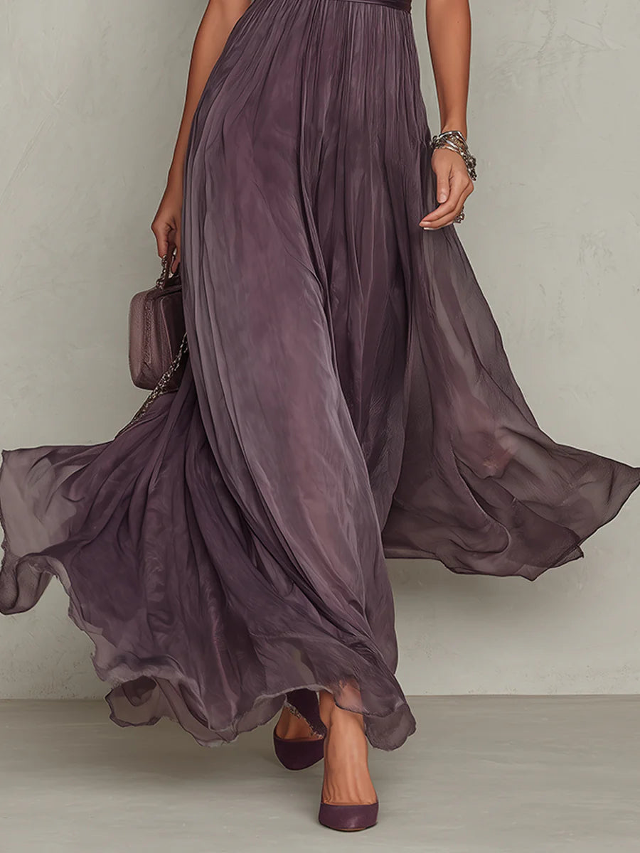Vestido Maxi Morado de Chifón con Cuello Ojal y Ribete de Encaje