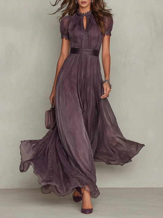 Vestido Maxi Morado de Chifón con Cuello Ojal y Ribete de Encaje