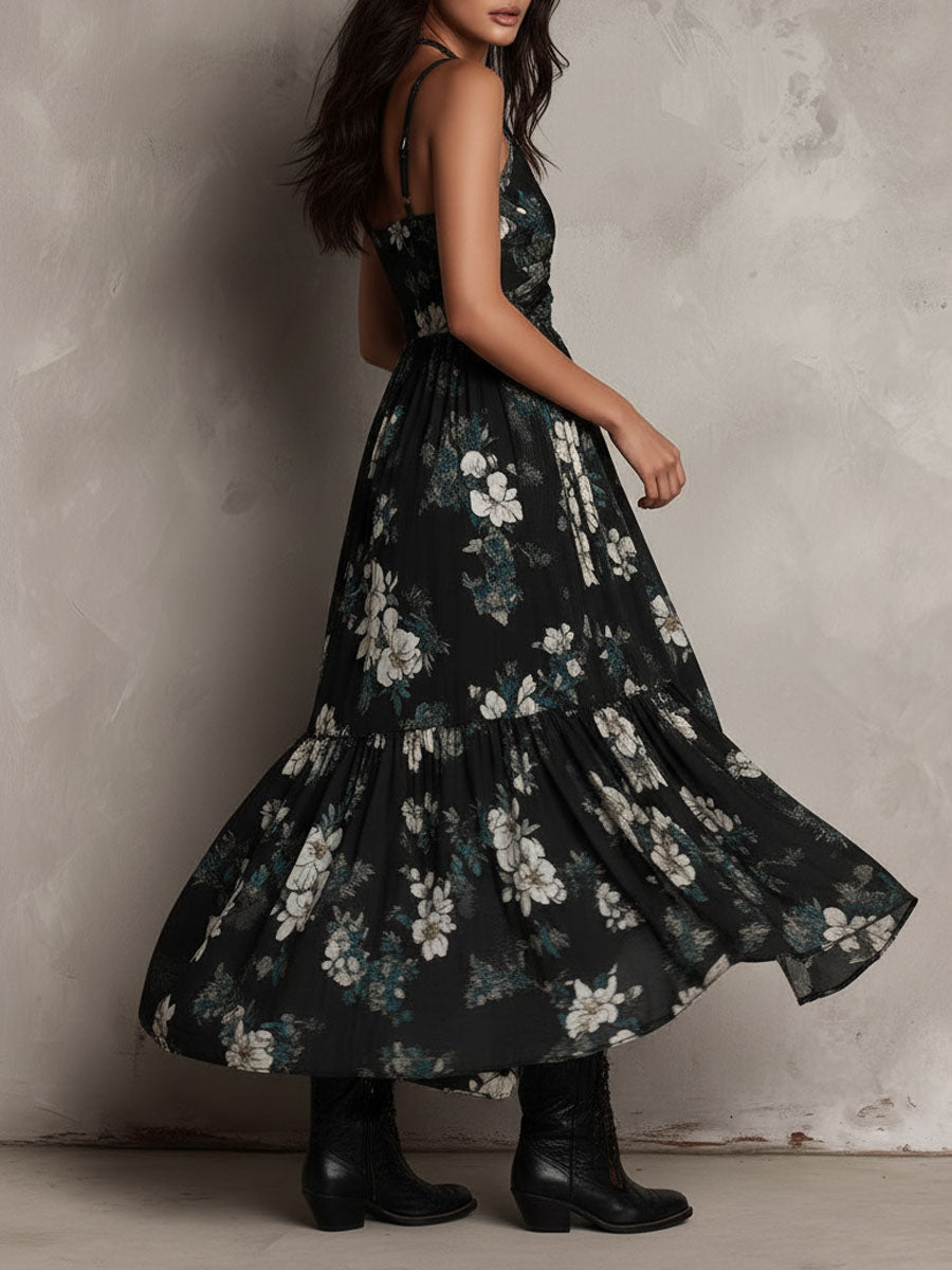 Vestido Maxi Negro Estampado Floral Estilo Bohemio, Asimétrico y Sin Tirantes