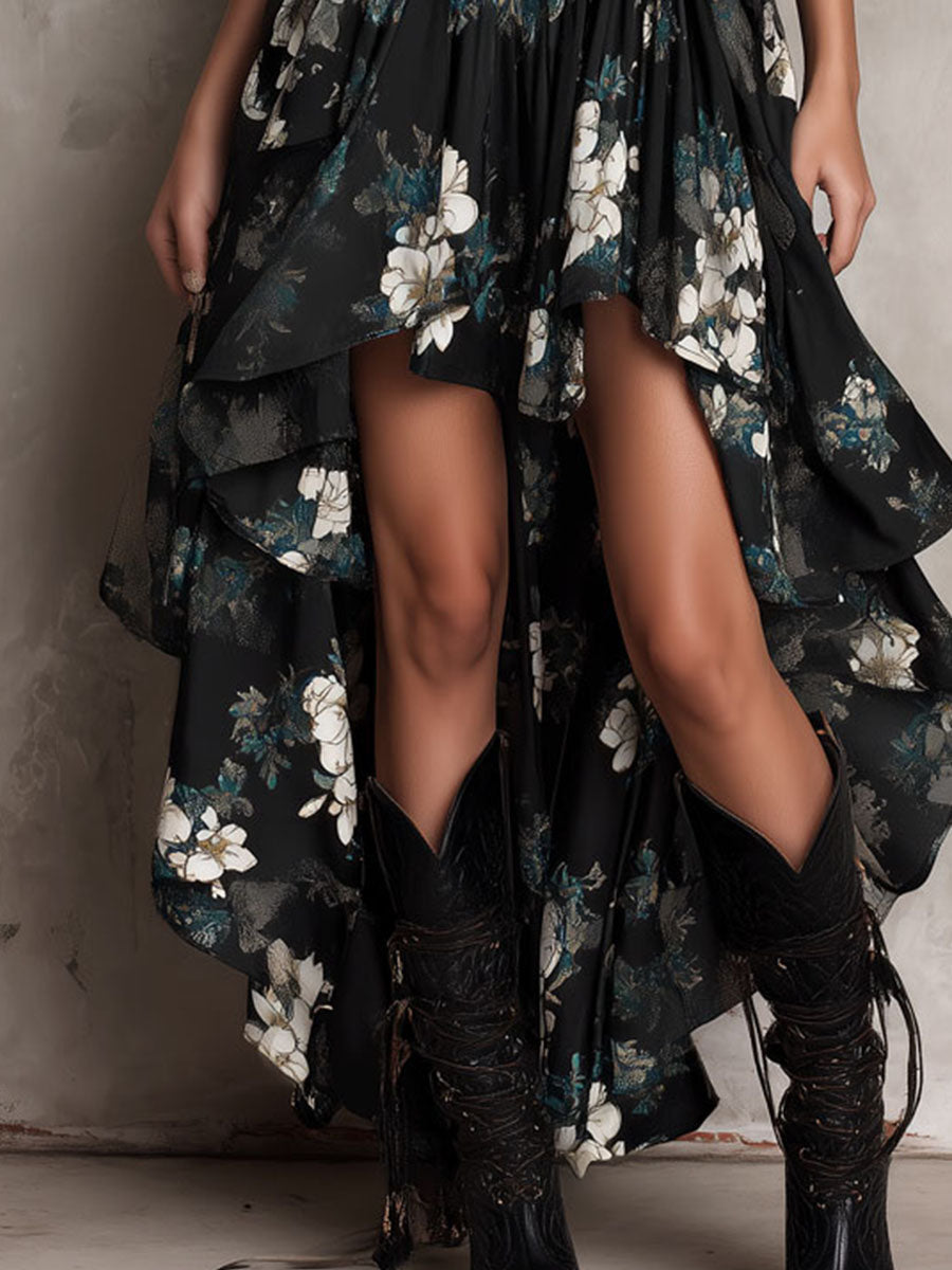 Vestido Maxi Negro Estampado Floral Estilo Bohemio, Asimétrico y Sin Tirantes