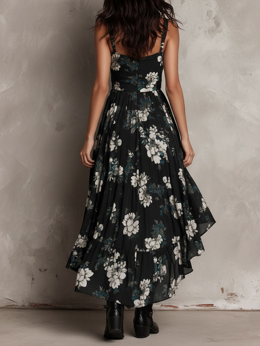 Vestido Maxi Negro Estampado Floral Estilo Bohemio, Asimétrico y Sin Tirantes