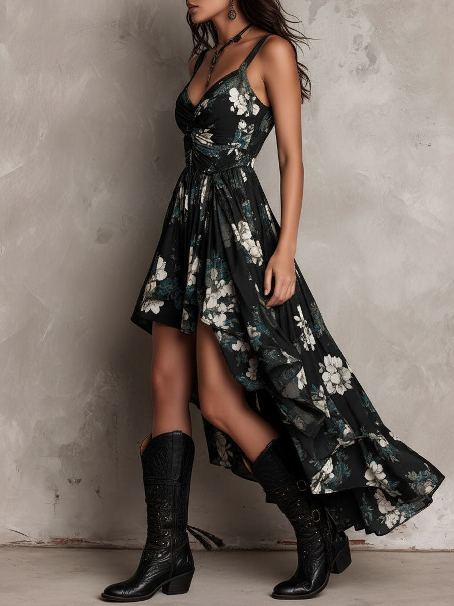 Vestido Maxi Negro Estampado Floral Estilo Bohemio, Asimétrico y Sin Tirantes