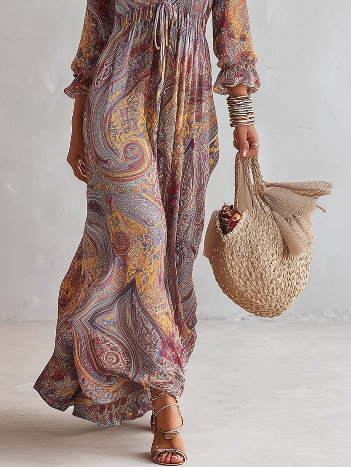 Vestido Maxi de Chifón Fruncido con Estampado de Cachemira y Cuello en V
