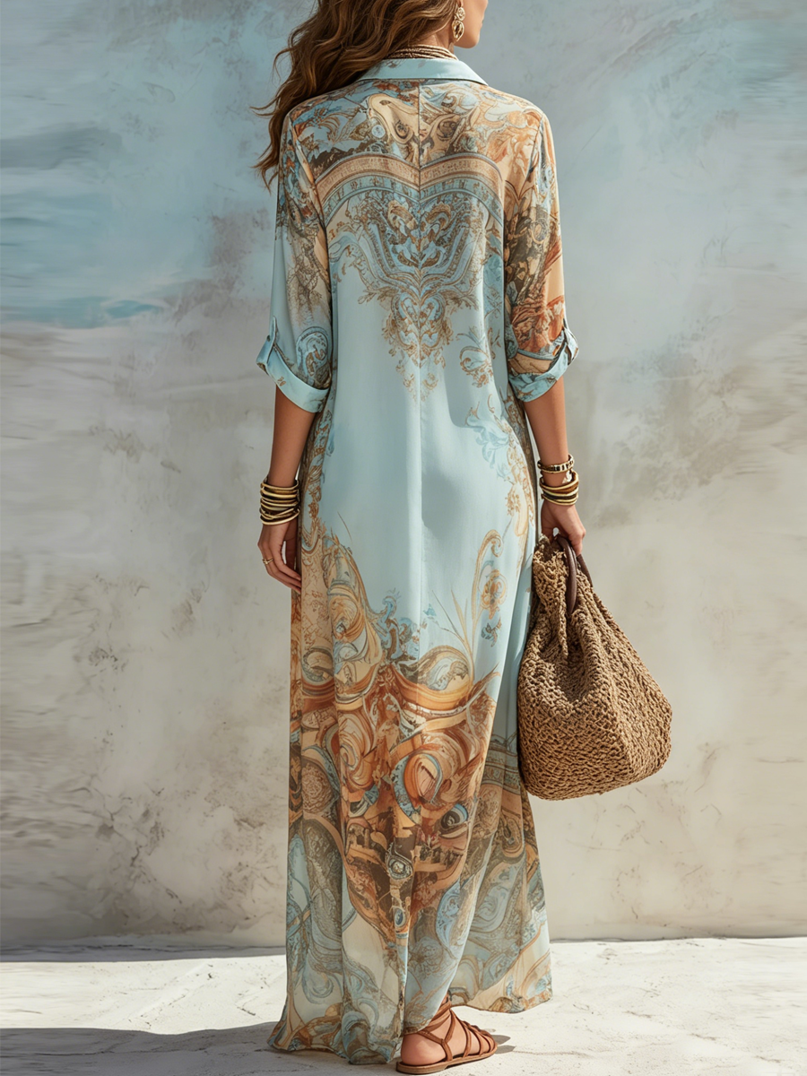 Vestido Maxi Camisero Azul con Estampado Floral, Ideal para Vacaciones
