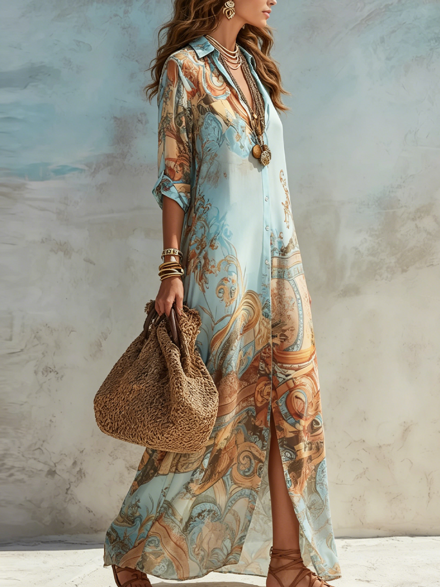 Vestido Maxi Camisero Azul con Estampado Floral, Ideal para Vacaciones