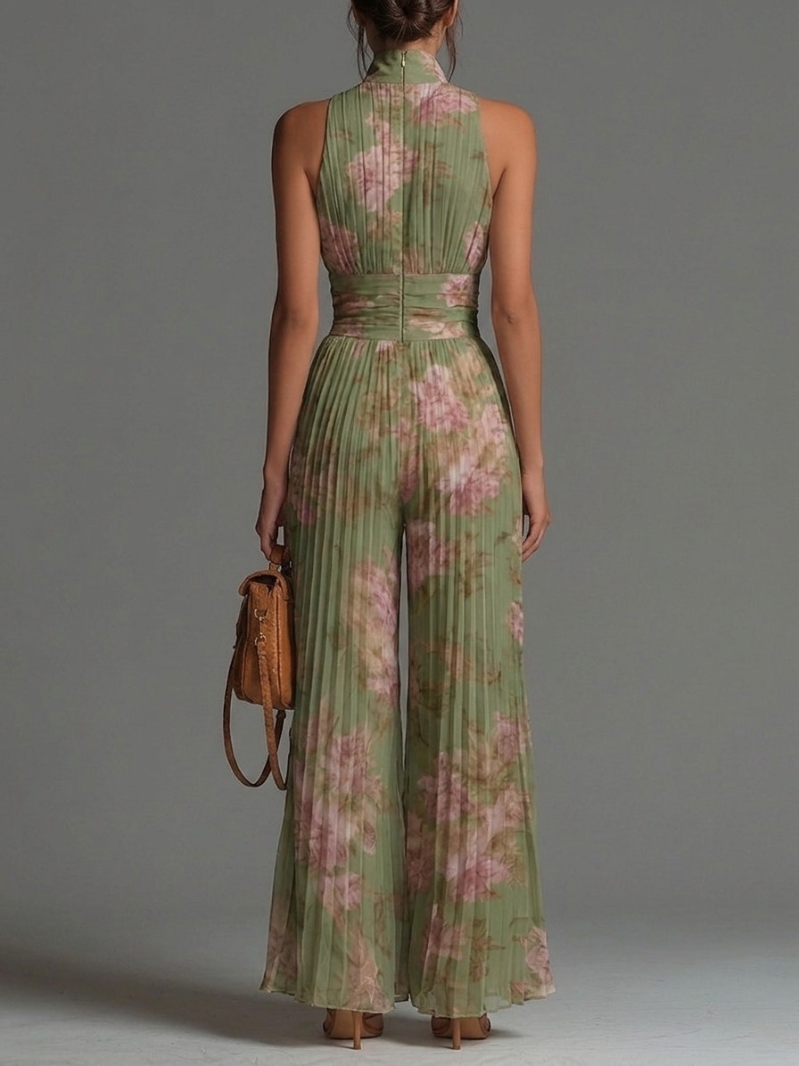 Mono de Chifón Verde Floral con Cuello en V, Sin Mangas, Cierre y Pierna Ancha Plisada