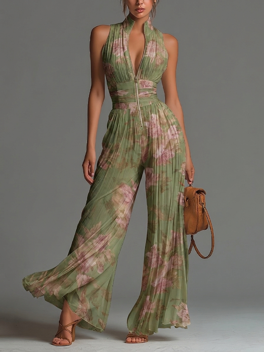 Mono de Chifón Verde Floral con Cuello en V, Sin Mangas, Cierre y Pierna Ancha Plisada