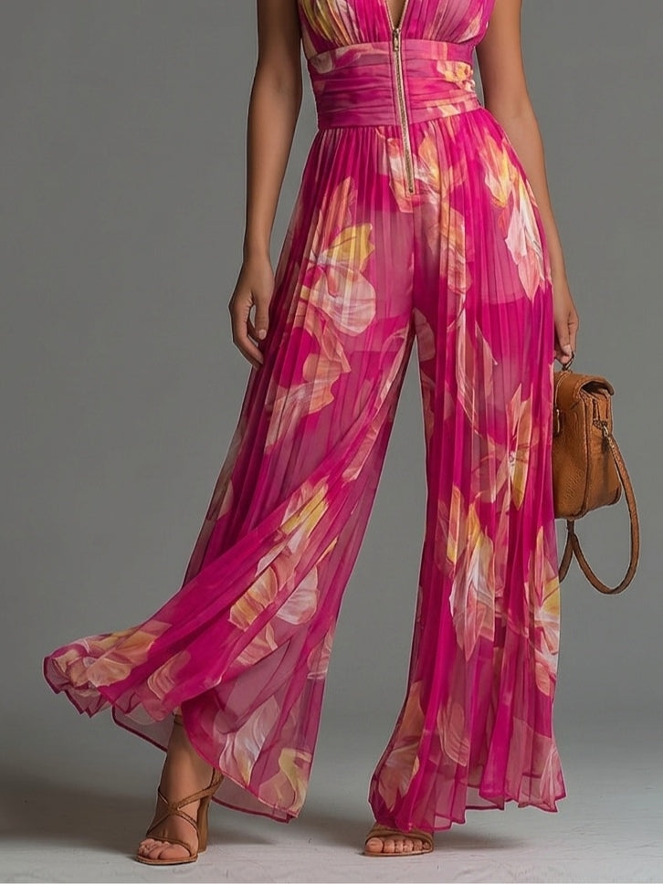 Mono de Chifón Fucsia con Estampado Floral, Sin Mangas, Cierre y Pierna Ancha Plisada