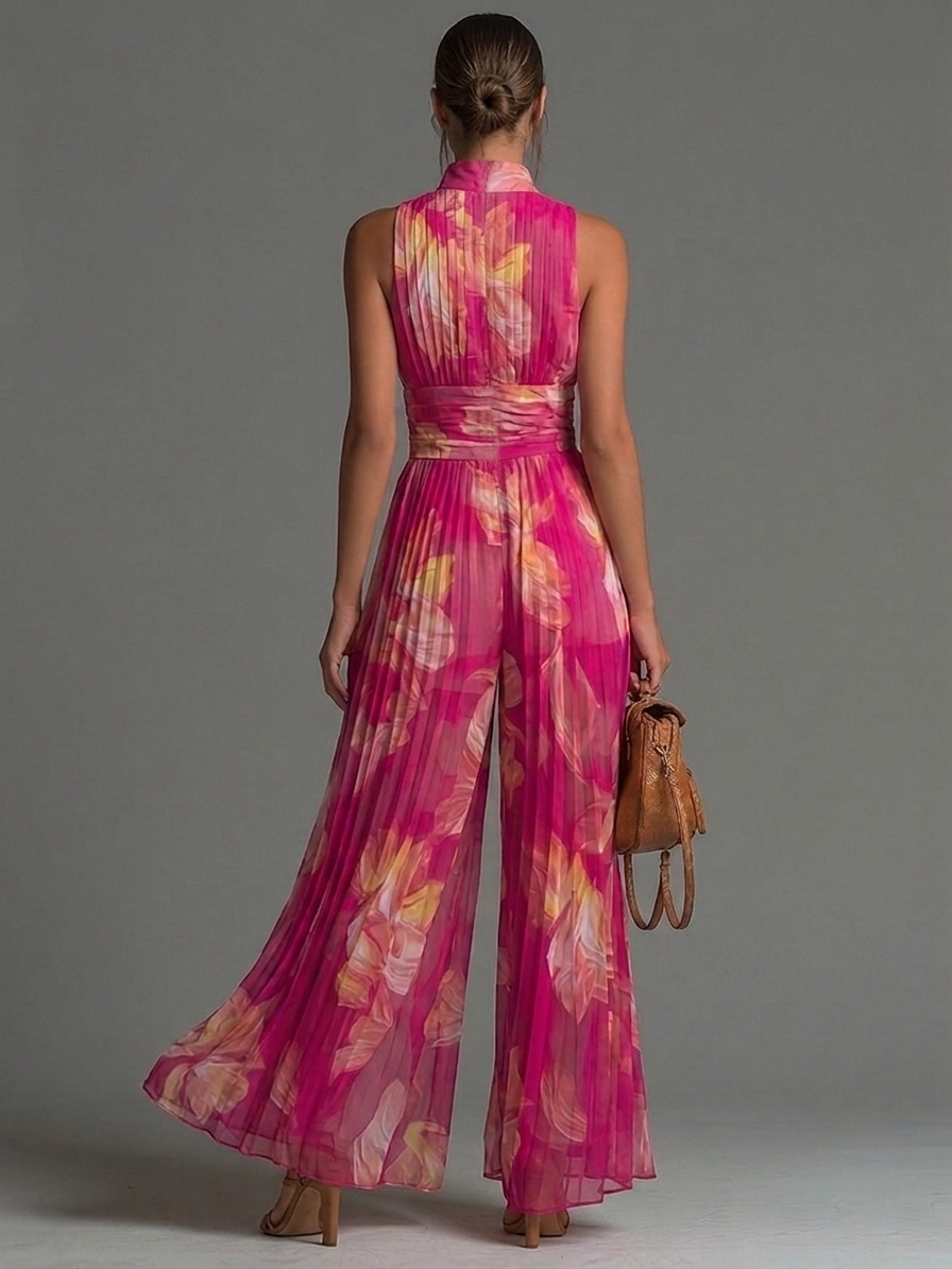 Mono de Chifón Fucsia con Estampado Floral, Sin Mangas, Cierre y Pierna Ancha Plisada