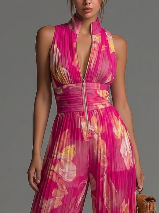 Mono de Chifón Fucsia con Estampado Floral, Sin Mangas, Cierre y Pierna Ancha Plisada