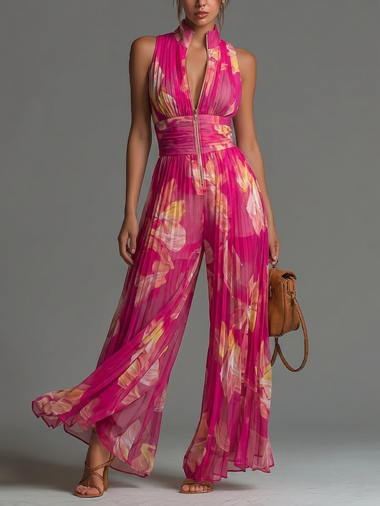 Mono de Chifón Fucsia con Estampado Floral, Sin Mangas, Cierre y Pierna Ancha Plisada